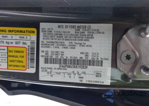 2019 Ford Fusion Hybrid Sel z USA, uszkodzony, nr VIN 3FA6P0MU2KR192839